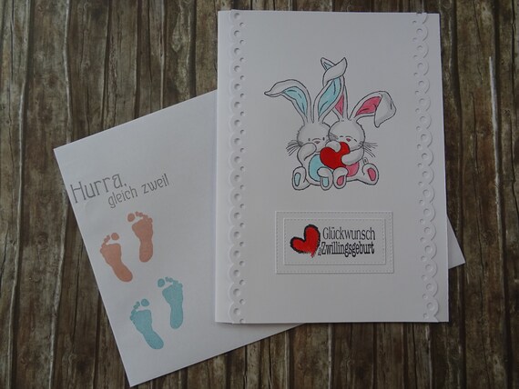 Große A5 Karte Zur Geburt Von Zwillingen Junge Mädchen Zwillinge Twins Glückwunschkarte Baby Babykarte Zwillingsgeburt Grußkarte Häschen Boy