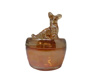 Vintage Jeanette Scottie Dog Marigold Carnival Glass Lidded Trinket Jar- 1940’s