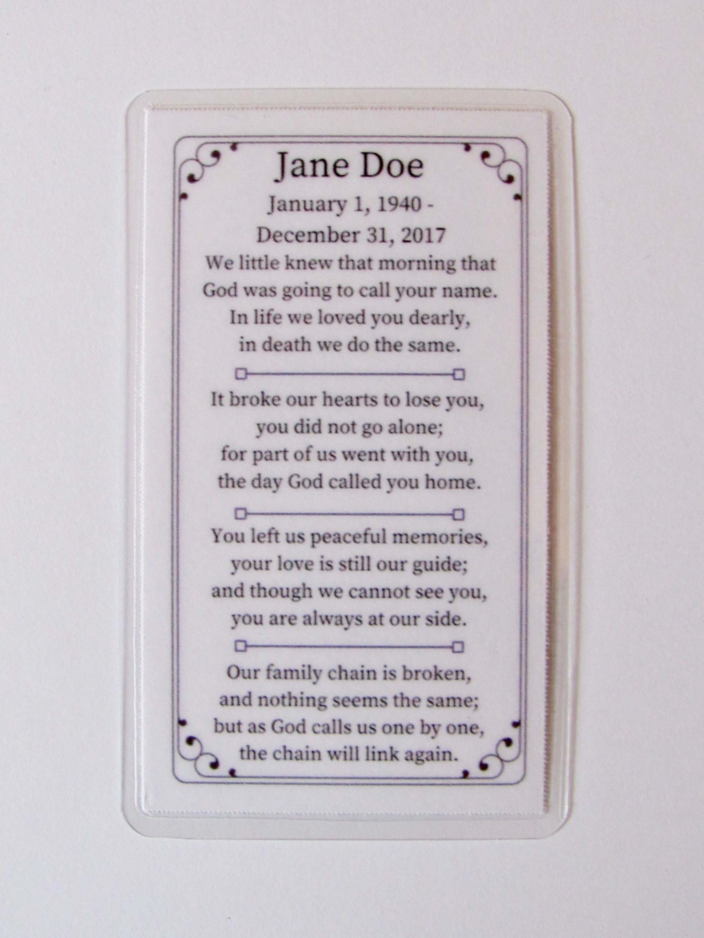 Wallet Memorial Card Funeral Card Wallet Size Pocket Size Set of 10, 50