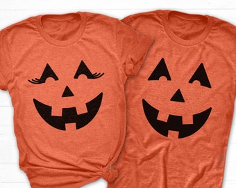 Jack O Lantern Shirt Mujeres, Camisa de Halloween, Camiseta de Cara de Calabaza, Camisa de Calabaza a Juego, Disfraz de Calabaza Adulto, Camisa de Halloween de Parejas