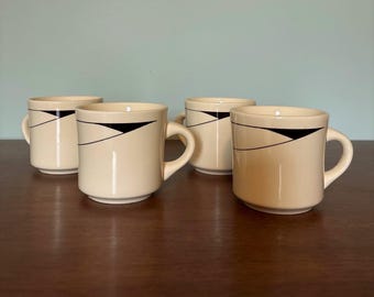 Vintage Set of 4 Black & White Art Deco Style Coffee Mugs | Made in Brazil | Modernist Geometric Mug Set | Retro Kitchen Coffee Bar Decor