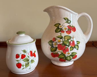 Vintage Strawberry Sugar Bowl and Pitcher Set, Strawberry Kitchen Decor, Ceramic Jug, Cottage Kitchen, Berry Decor, Country Tableware