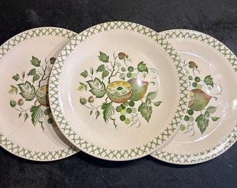 Vintage Johnson Brothers Arbor Dinner Plates Set of 3 | Green Transferware Ironstone | Made in England | Cottage Decor