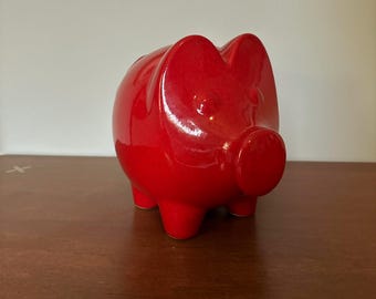 Vintage Scheurich West Germany Large Red Piggy Bank | Mid Century Modern Ceramic Pig Bank | MCM Glossy Red Coin Bank | Original Plug Present