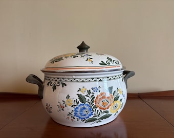 Vintage Fissler ASTA geëmailleerde 6 kt Nederlandse oven met deksel – Amsterdams bloemenpatroon – Made in Germany – messing handgrepen en afwerking – uitstekend