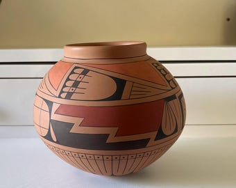 Vintage Mata Ortiz Pottery Vessel by Manuel Mora | Hand Painted Geometric Olla | Casas Grandes Mexican Folk Art