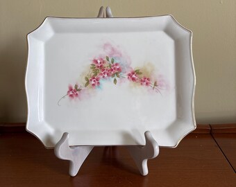 Stiffel Hand Painted Vintage Floral Tray with Gold Trim – 10x8 Rectangular Serving Tray – Elegant Vanity & Coffee Table Decor