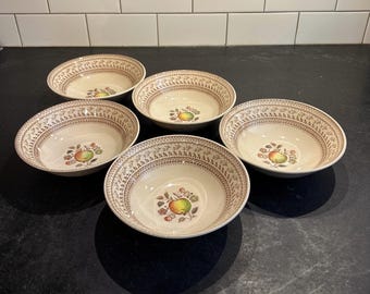 Johnson Brothers Fruit Sampler Soup Cereal Bowls Set of 5 Vintage English Transferware Ironstone Brown Bowls