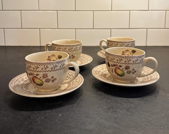 Johnson Brothers Fruit Sampler Tea Cups & Saucers Set of 4 | Vintage English Transferware Ironstone | Brown Staffordshire Tea Set