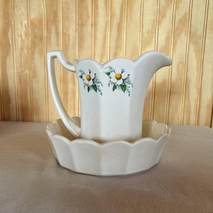 McCoy USA Mini Wash Basin & Pitcher Set – 1970s Floral Ceramic Pottery – Scalloped Edge