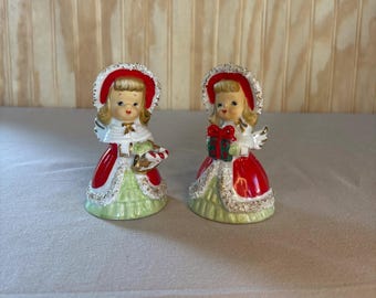 Vintage Lefton Christmas Angel Girl Bell Set of 2 | Spaghetti Trim Holiday Figurines | Original Foil Labels | Gift & Basket Bells | Japan