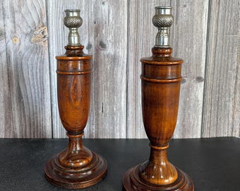 Vintage Turned Wooden Taper Candle Holders Pair Pewter Leaf Sockets Rustic Dining Table Decor 12 Inch