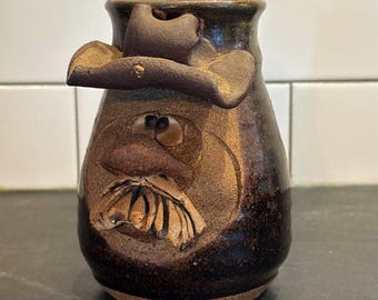Signed Robert Eakin Handcrafted Pottery Cowboy Face Mug – Western Folk Art Stoneware Coffee Cup – Father's Day Gift