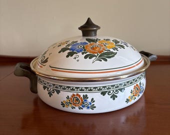 Vintage Fissler ASTA Enamel 1.5 Qt Casserole w/ Lid – Floral Amsterdam Pattern – Made in Germany – Brass Handles & Trim – Excellent