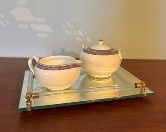 Vintage Wedgwood Palatia Creamer and Covered Sugar Bowl Set | Bone China | Blue Greek Key Pattern | England