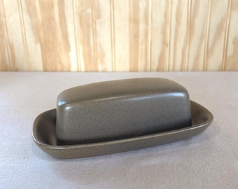 Vintage Langley Pottery England Green Brown Stoneware Covered Butter Dish Windmill Mark