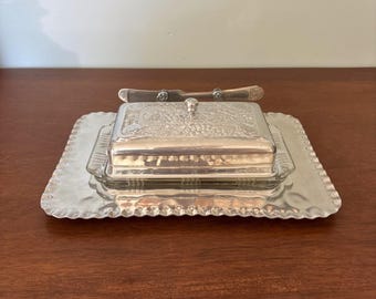 Vintage Cromwell handsmidd aluminium smörskål med glasfoder och kniv | Mid Century hamrad aluminiumöverdragen smörskål