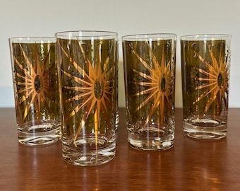 Vintage Fred Press Highball Glasses Set of 6 | Avocado Green & 22K Gold Atomic Starburst Mid Century Modern Barware | MCM Cocktail Tumblers