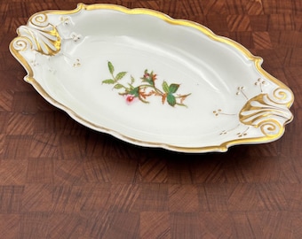 Antique Haviland Limoges Moss Rose Oval Trinker Dish – Hand-Painted Gold Trim Bone China