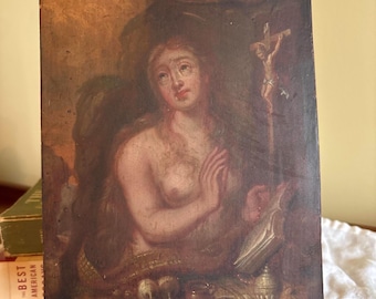 Antique Mary Magdalene Oil Painting | Penitent Magdalene Religious Art, Old World Sacred Portrait