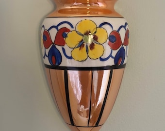 Vintage Japanese Lusterware Wall Pocket, Art Deco Hand Painted Peach Iridescent Wall Vase, Made in Japan Floral Bud Vase Kitsch Decor