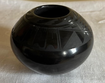 Margaret Garcia Blackware Pottery Vessel | Signed Carved Santa Clara Pueblo Pot 1987