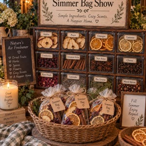 May include: A wooden storage unit with twelve clear drawers containing dried fruits, spices, and herbs labeled Apples, Pears, Oranges, Lemons, Cranberries, Cinnamon Sticks, Star Anise, Cloves, Rose Petals, Lavender, Bay Leaves, and Mixed Spices.