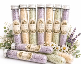 May include: A collection of nine clear glass test tubes filled with colorful bath salts, each sealed with a silver cap and featuring a label that reads BATH SALTS. The tubes contain purple, yellow, and green crystals, arranged in a group.