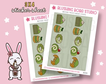 Matcha Washi Tape Stickers | Dessert Washi Journaling Strips 3x4 Sheet | Kawaii Food Stationery | Fits Hobonichi Weeks