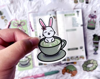 Blossom Bunny Matcha Latte Vinyl Sticker | Kawaii Decals for Water Bottles and Laptops