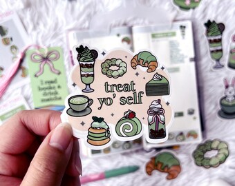 Matcha Desserts Treat Yo Self Vinyl Sticker | Kawaii Decals for Water Bottles and Laptops