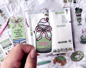 Emotional Support Matcha Drink Bow Vinyl Sticker | Kawaii Decals for Water Bottles and Laptops