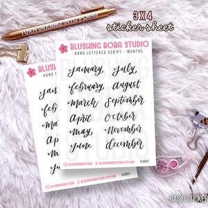 May include: A 3x4 sticker sheet with handwritten month names in black script. The sheet is white with a pink border and the text "Blushing Boba Studio" and "Hand Lettered Script - Months".