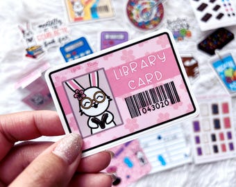 Pink kawaii bunny library card sticker | Bookish gifts for book lovers | Cute bunny sakura bookworm sticker