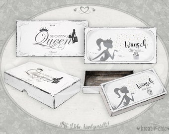 Geschenkschachtel "Shopping Queen" / Geldgeschenk / Schmuckschachtel / Spardose shabby-chic / Holzschachtel personalisiert