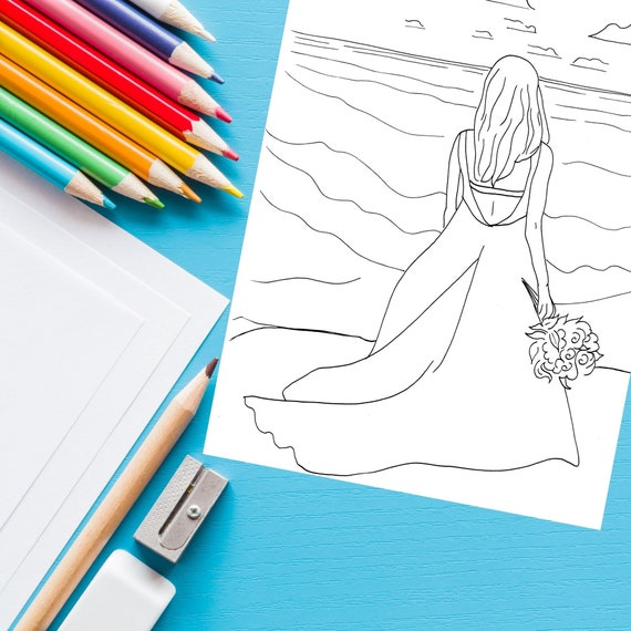 Simple Beach Wedding Bride Coloring Page Adults and Kids | Etsy
