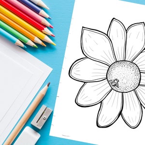 Flower with Bee Coloring Page Adults and kids printable hand drawn