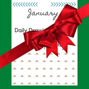 May include: A white calendar page with the word "January" in cursive and "Daily Drawing" printed below. A large red satin ribbon is tied in a bow across the top of the page. The background is green.