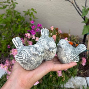 May include: Three gray and white bird figurines. The birds are in a row, with their wings slightly spread. The background is a blur of green foliage and pink flowers.