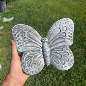 May include: A gray concrete butterfly sculpture with detailed wing patterns and a textured surface. The butterfly is held in a hand against a backdrop of green grass, showcasing its decorative design. This garden art piece is a unique outdoor accent.