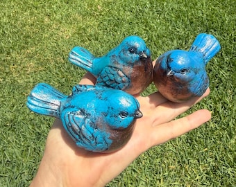 Set of 3 Concrete Bird Statues, Garden Decor, Shelf Accent, Outdoor Yard Art, Handmade Gift, Blue Bird Ornament sculpture, Cement art
