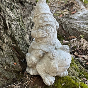Concrete Garden Gnome Riding on Frog, 6.5&quot;x4.5&quot;, Concrete Statue, Gnome Ornaments, Gnome Garden, Gnome Statue, Cement Garden Gnome