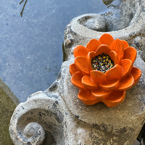 Orange Lotus Flower Sculpture, 3"x1.5" Concrete Art Flower Statue for Garden and Home, Concrete Napkin Weight Flower, Pond, Garden Ornament