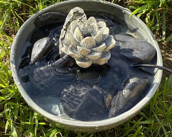 Handmade Concrete Lotus Fountain, 8" Bowl with 3" Lotus, Indoor Tabletop Water Fountain with Plug-in Pump, Zen Garden decor, home gifts
