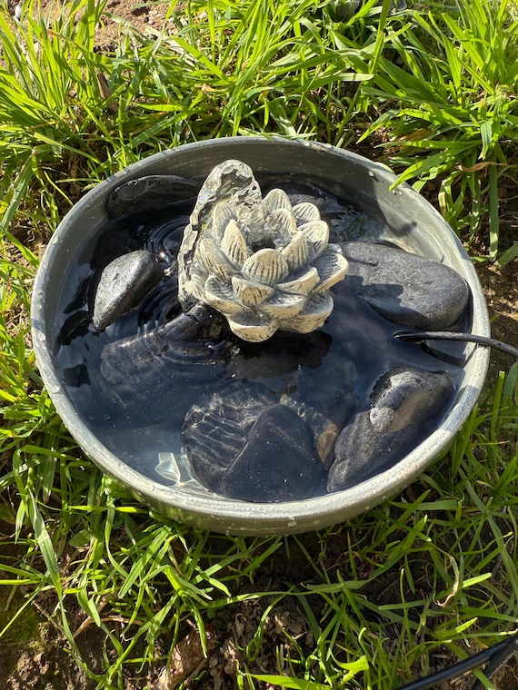 3" Lotus, Fountain ,  8" concrete bowl, solar garden fountain, water fountain tabletop, tranquil garden, Zen garden, birdbath, gardener gift