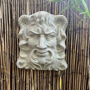 Concrete gargoyle face, 10&quot;x8&quot; hanging garden artwork for wall, fence, gate or tree, Forest man, garden gift, face garden decor, wall plaque