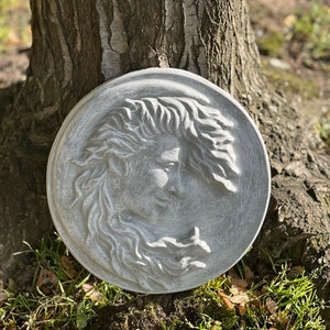 May include: A gray, round, concrete sculpture of a woman's face with flowing hair. The sculpture is mounted on a tree trunk.