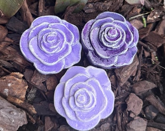 Set of 3 Mini Concrete Roses, 2.75"x1.25", Purple Shades Flower Sculptures, Garden Decor, Fairy Garden Accessories, small sculptures