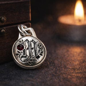 Sterling Silver Gothic Initial Pendant, Natural Red Sapphire, Personalized Monogram Jewelry Gift,  Letter Charm, Black Rubber Cord Necklace