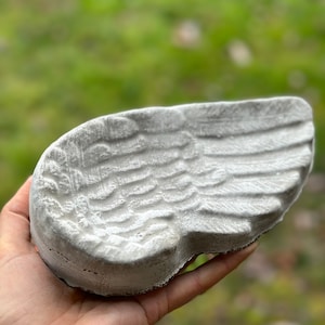 May include: A gray concrete angel wing dish. The wing has a detailed design and is slightly curved.